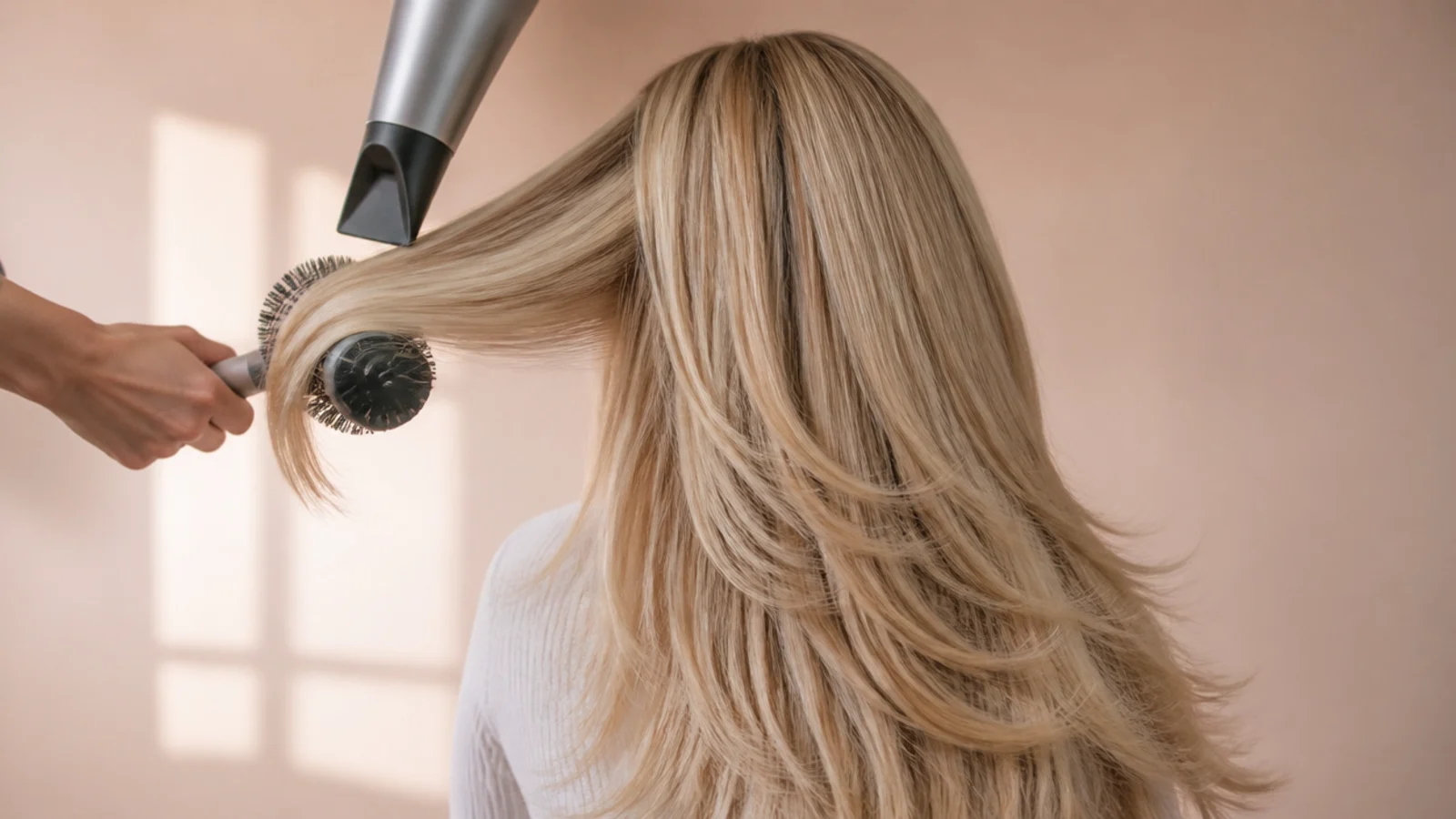 Large round brush blow-drying a section of long blonde layered hair, viewed from behind