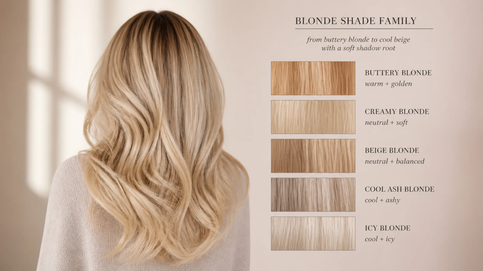 Blonde hair color swatches from buttery blonde to cool beige with a soft shadow root, hair viewed from behind