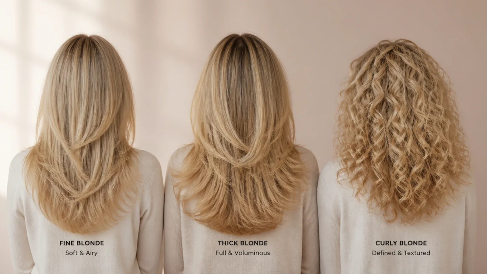 Three back views comparing fine, thick and curly blonde layered hair of the same length