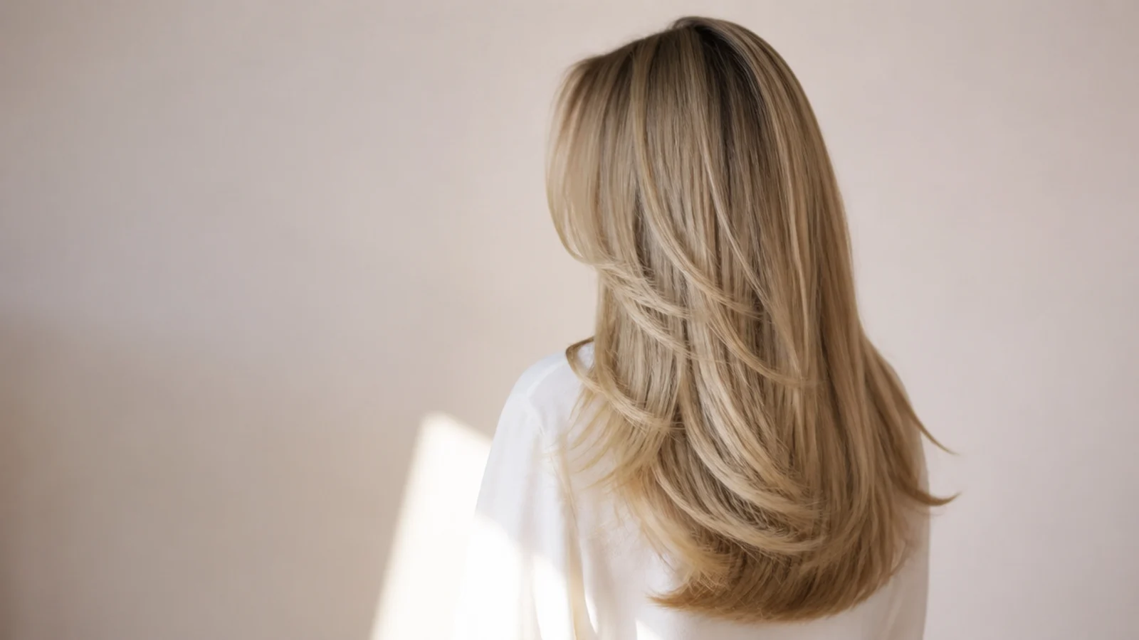 Long blonde layered hair with a curtain fringe photographed from behind, layers falling from the jaw to the mid back
