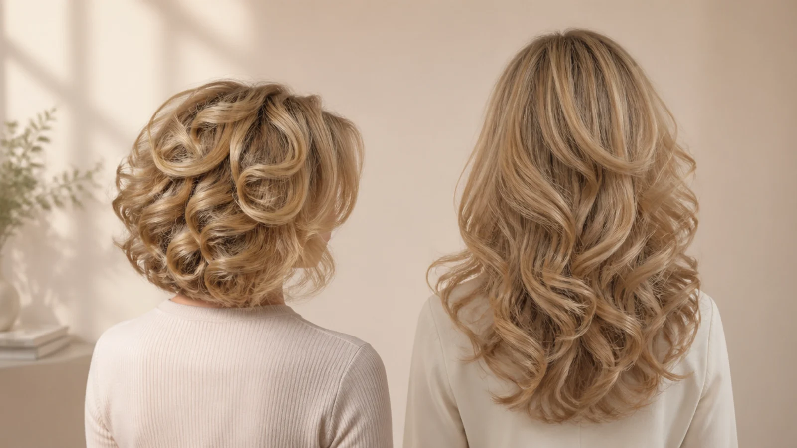 Curly blonde layered bob beside long curly layers, both photographed from behind