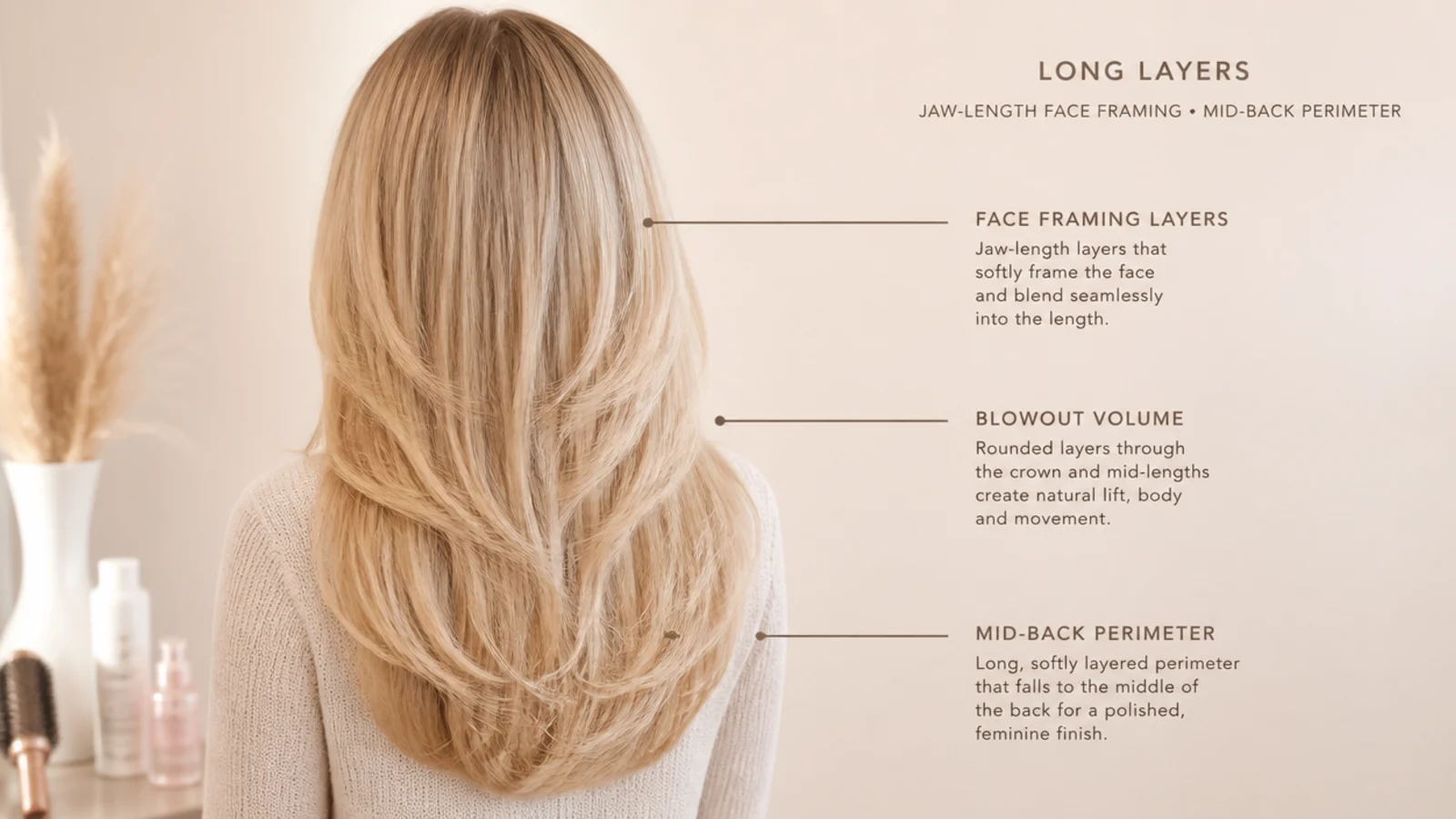 Diagram-style back view of long blonde layers showing jaw-length face framing and mid-back perimeter