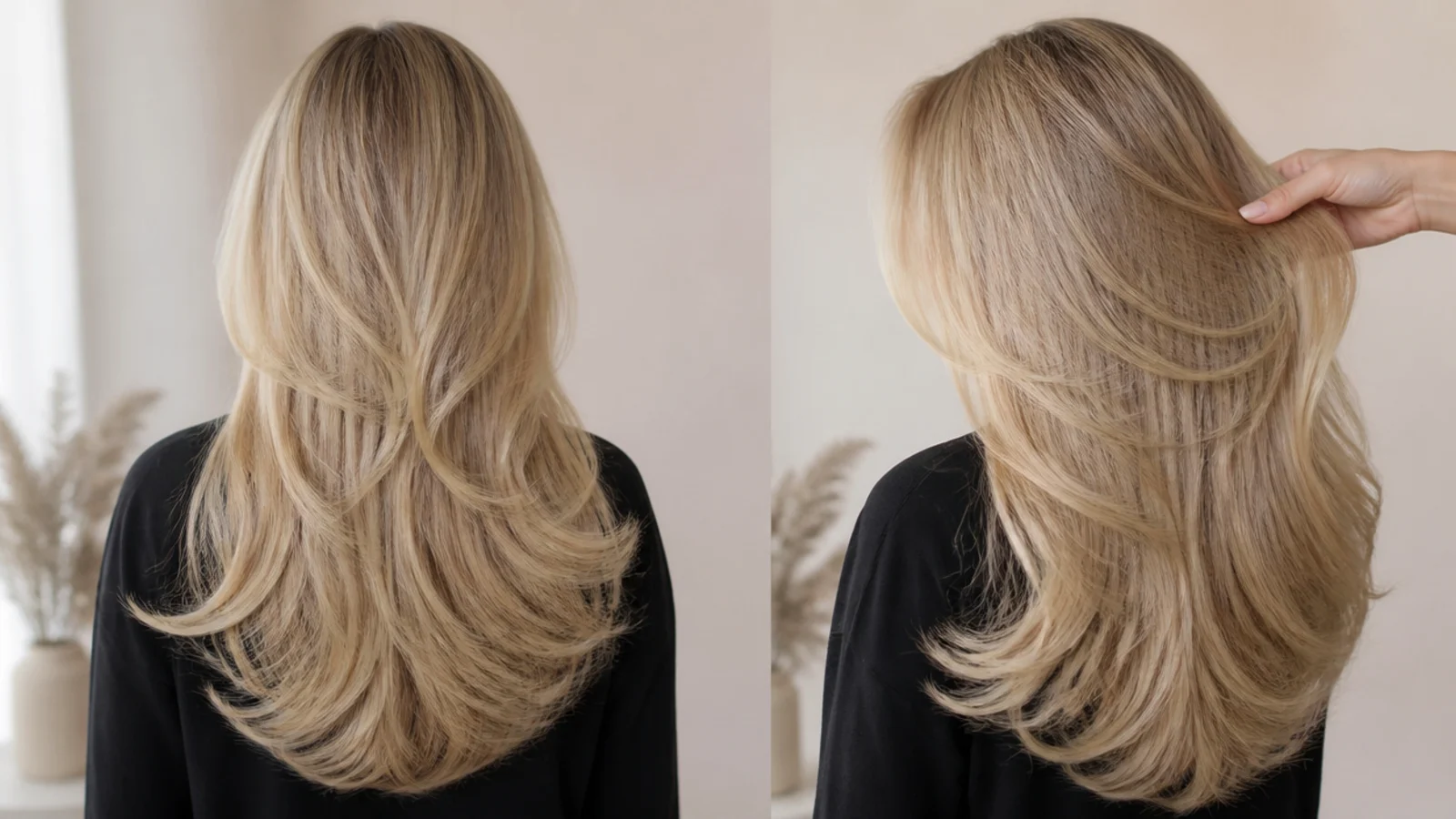Back view of long blonde hair showing internal long layers and jaw-length face-framing pieces