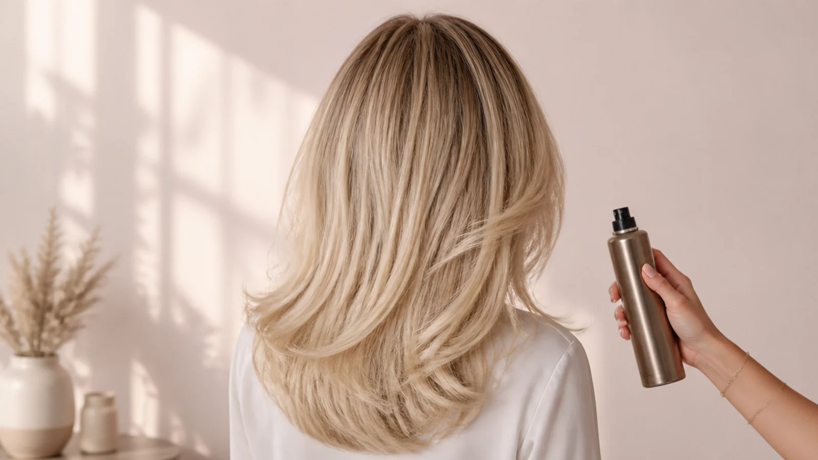 Blonde hair showing a soft shadow root melting into buttery blonde mid-lengths and cool beige ends