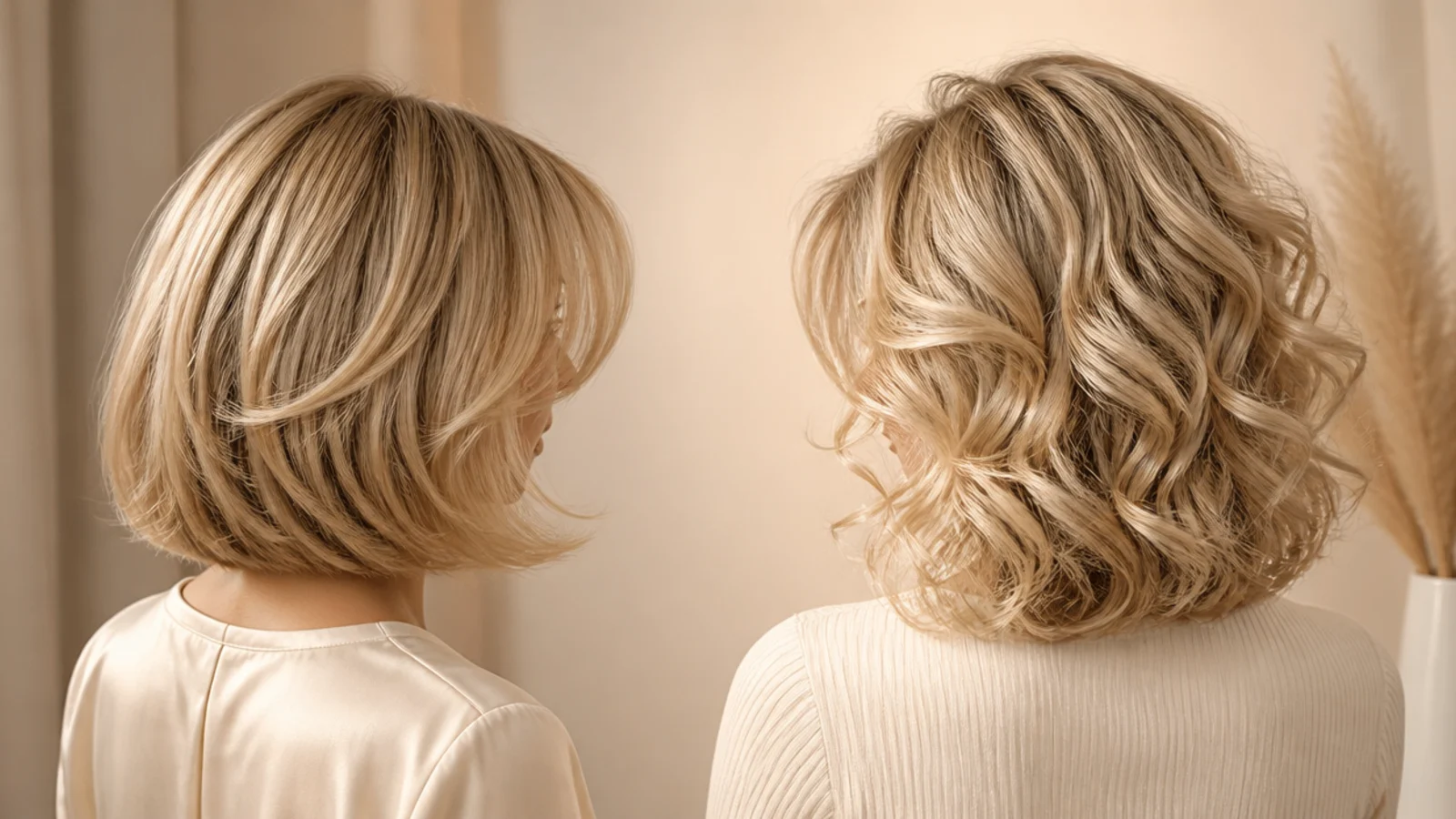 Shoulder-length blonde bob and curly blonde hair shown side by side with matching curtain fringes
