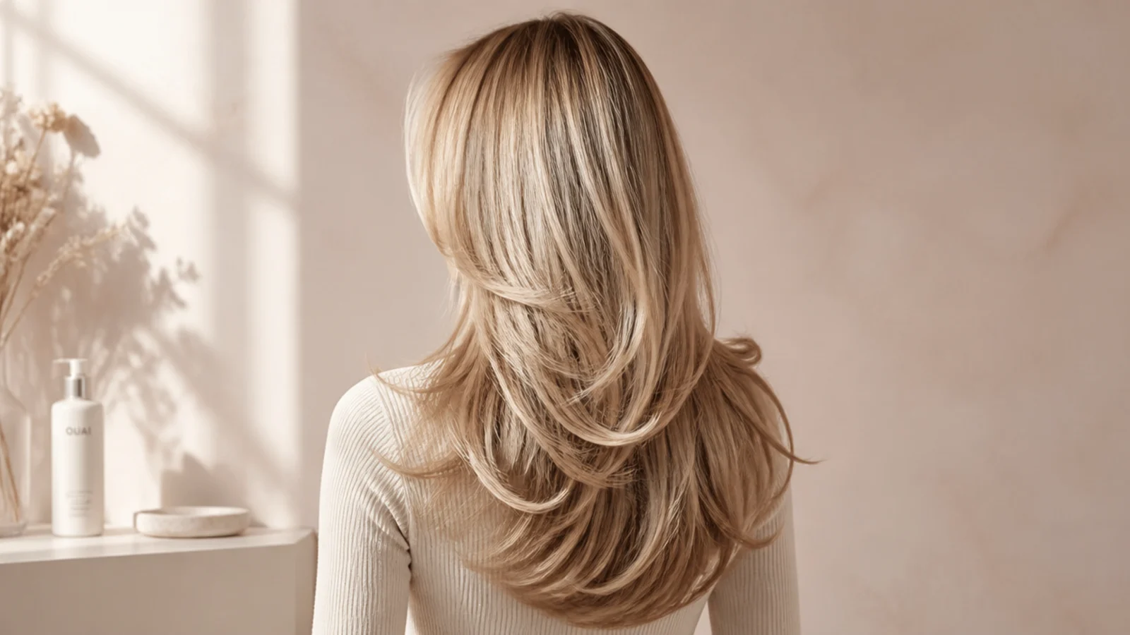 Long layered blonde hair with a curtain fringe and bouncy ends, shown from behind to display the layering