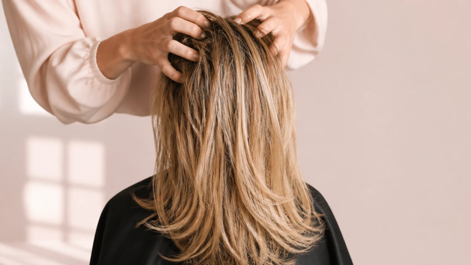 Damp blonde hair being rough-dried with fingers at the roots before a round brush blowout