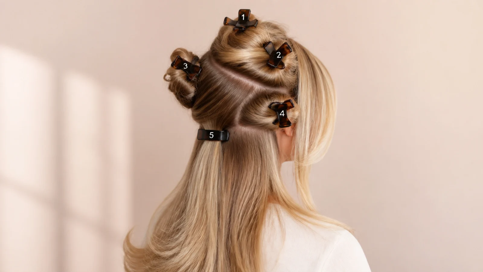 Long blonde hair clipped into five blow-dry sections with the curtain fringe left loose in front