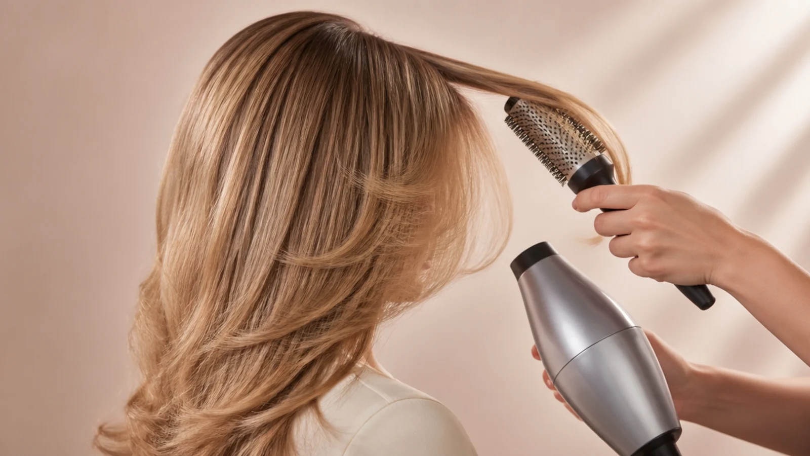 A curtain fringe being blow-dried away from the face over a small round brush, shot from the side