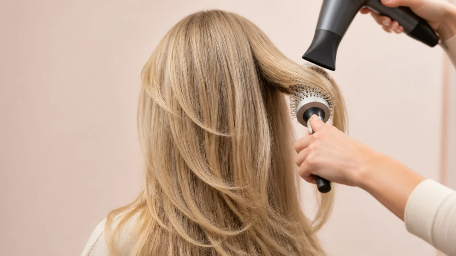 A 2 inch round brush drying a section of long blonde hair at the back of the head with the nozzle angled down