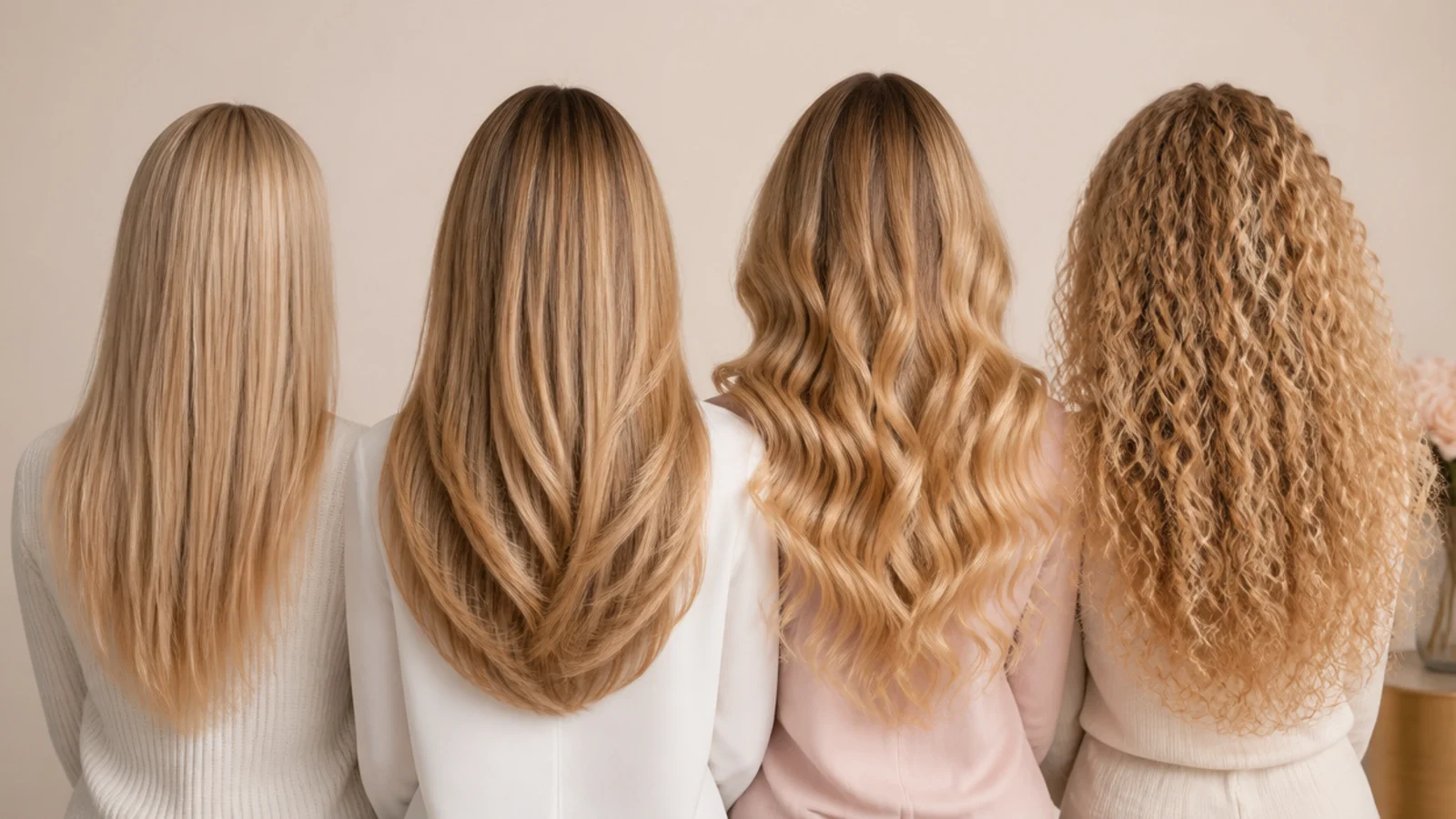 Four blonde hair textures compared side by side from behind: fine straight, thick straight, wavy and curly