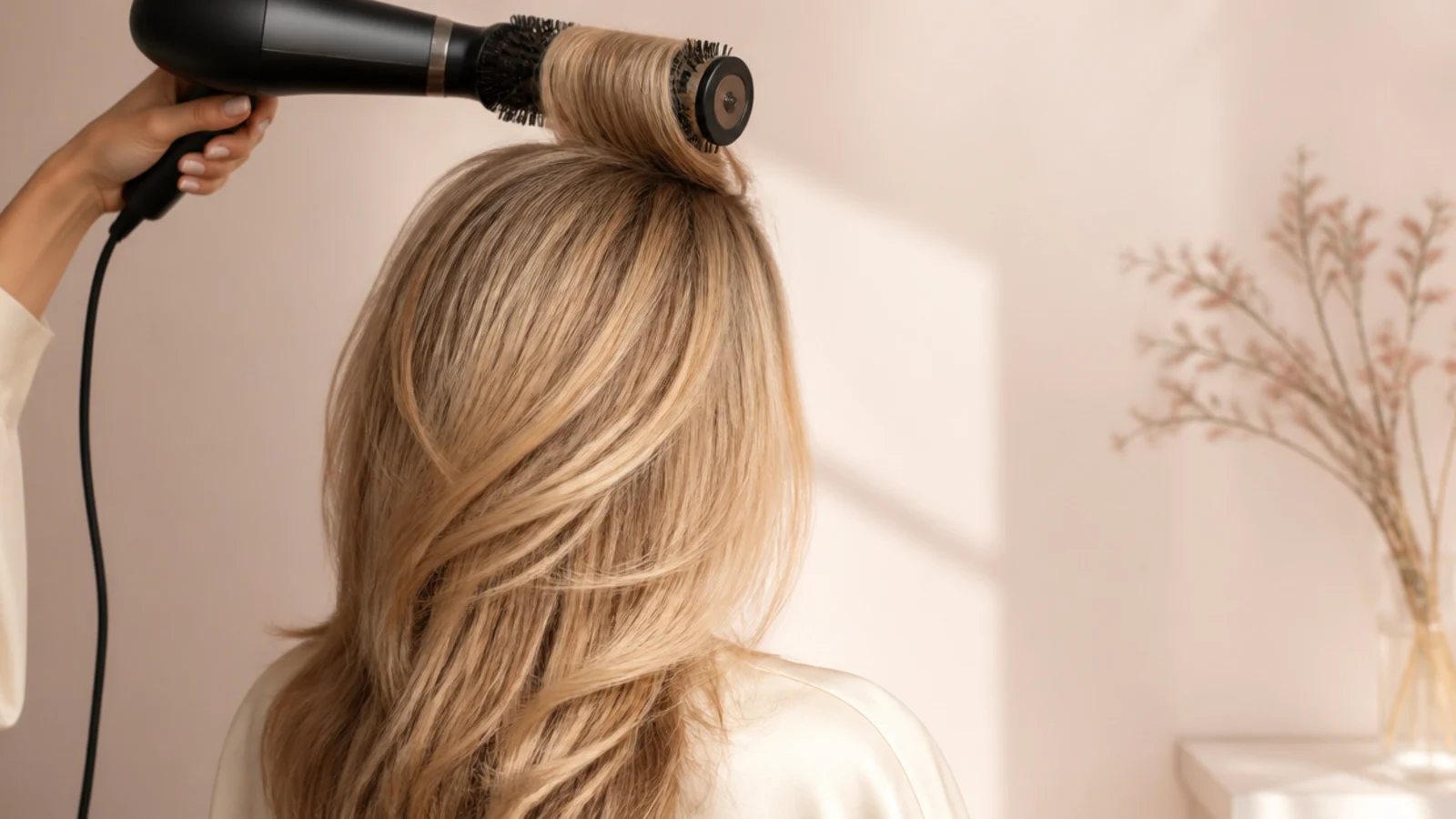 A large round brush blow-drying a section of blonde hair at the crown to build updo-ready volume