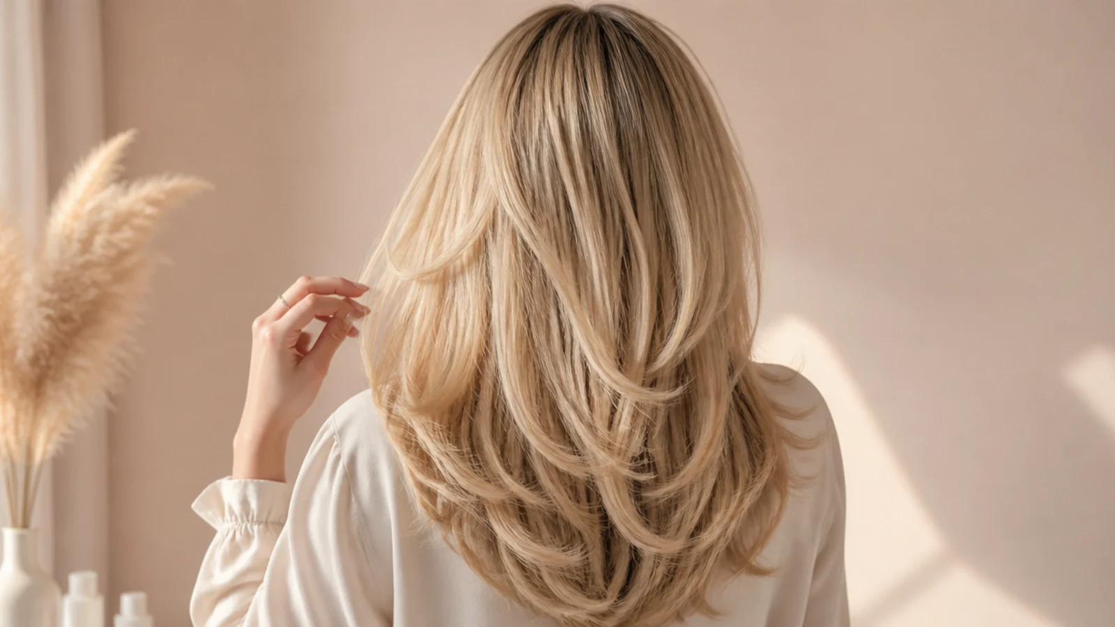 Long blonde layered haircut from behind showing internal layers and jaw-length face-framing pieces