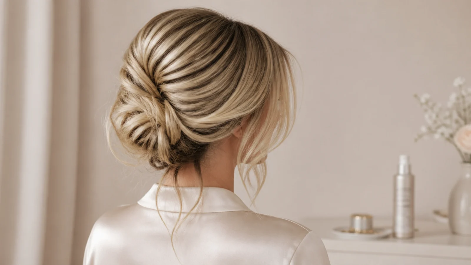 Blonde updo from behind showing a soft shadow root melting into buttery blonde mid-lengths and ends