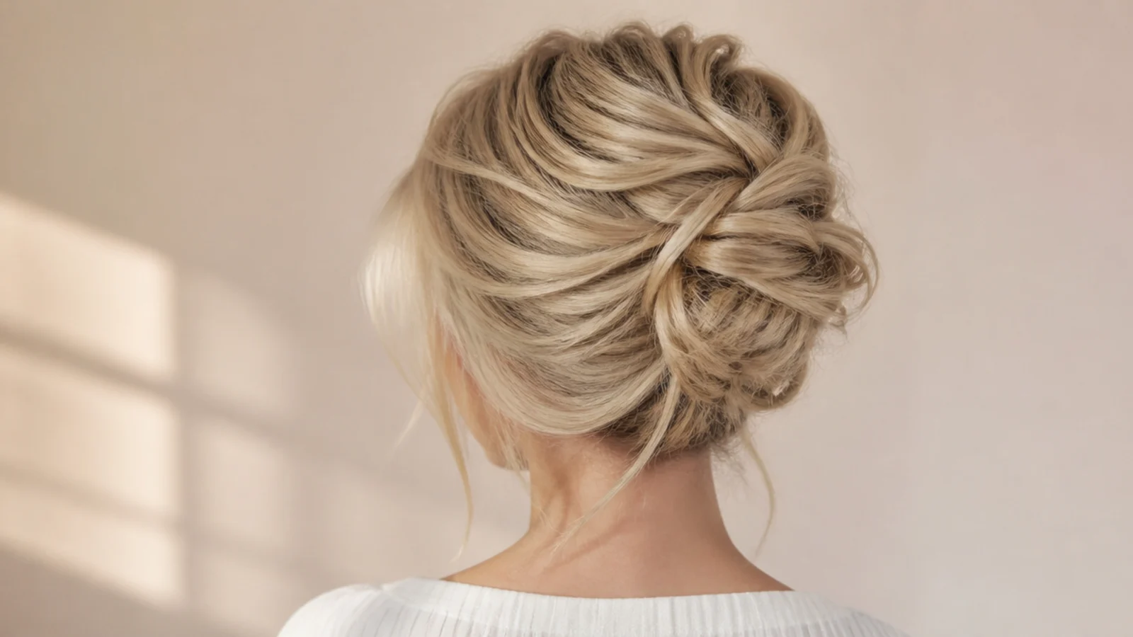 Blonde voluminous updo shot from behind with face-framing curtain fringe left loose at the sides