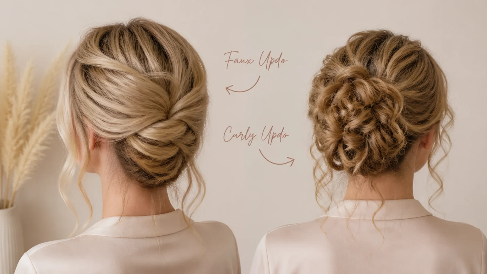 Short blonde bob pinned into a faux updo from behind alongside a curly pinned updo for comparison