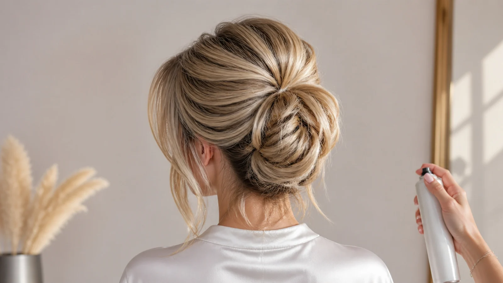 Blonde layered updo from behind showing crown volume, soft ends and face-framing curtain fringe left out