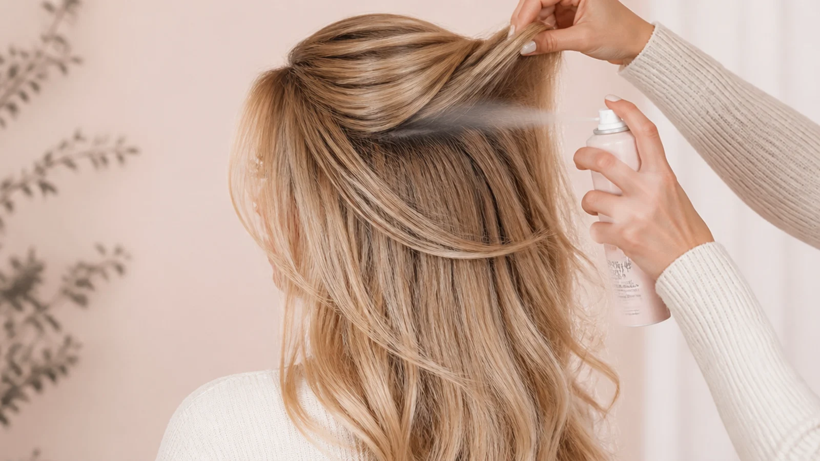 Long blonde layered hair prepped for an updo shot from behind with texture spray applied at the roots
