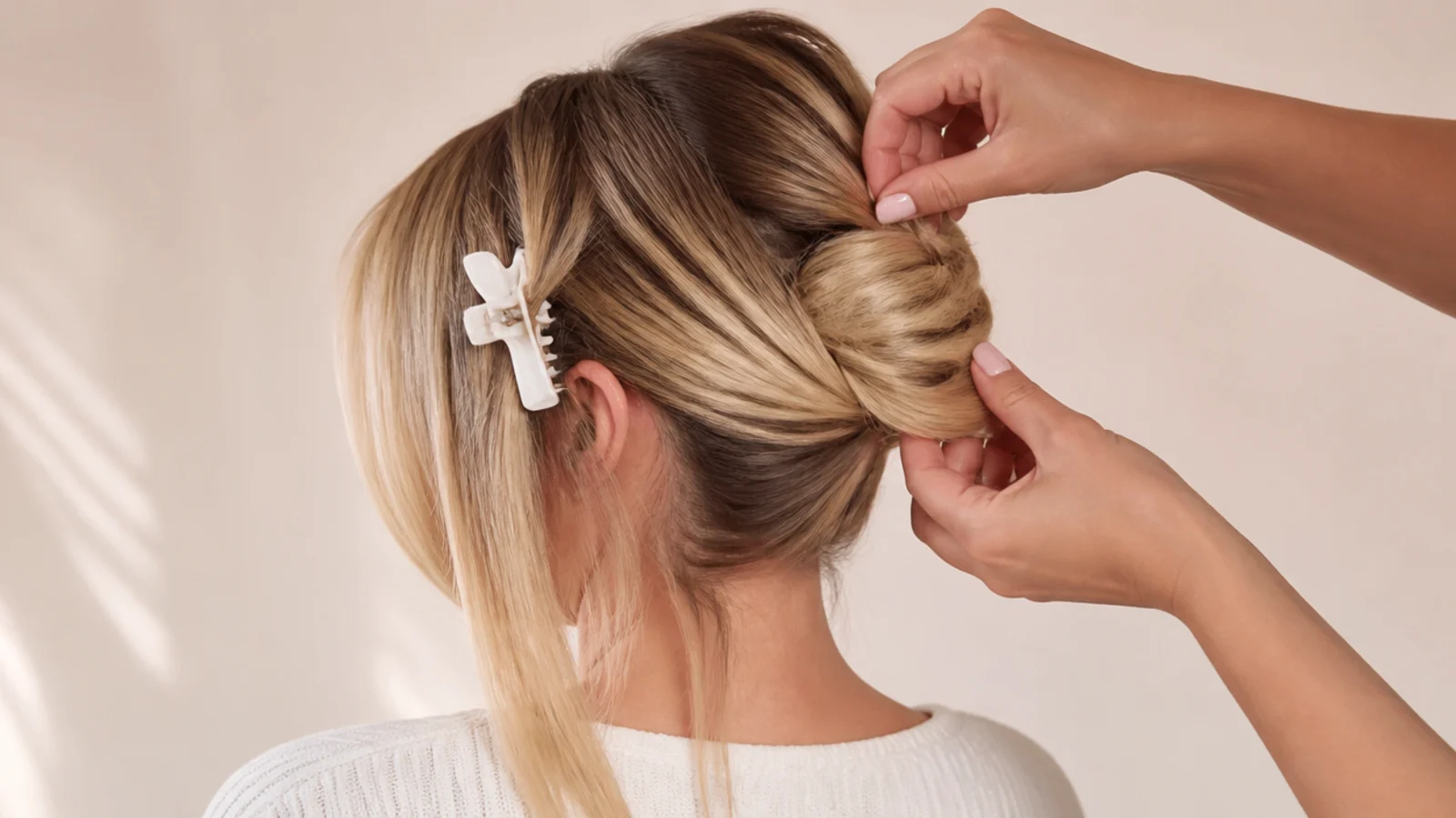 Curtain fringe and face-framing sections clipped aside before a blonde updo is built at the back