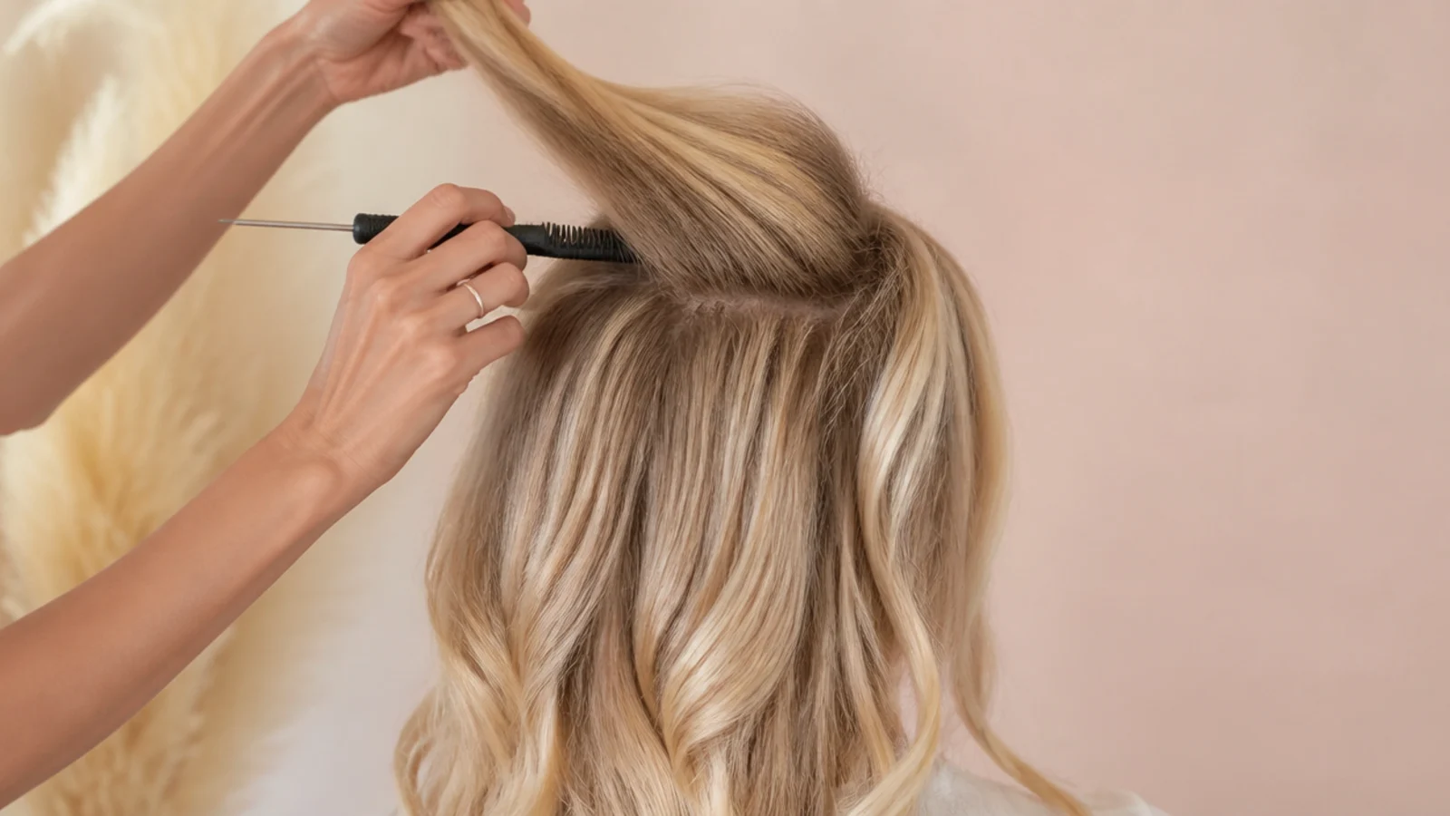 Teasing comb backcombing the crown of blonde hair to build volume before an updo, seen from behind