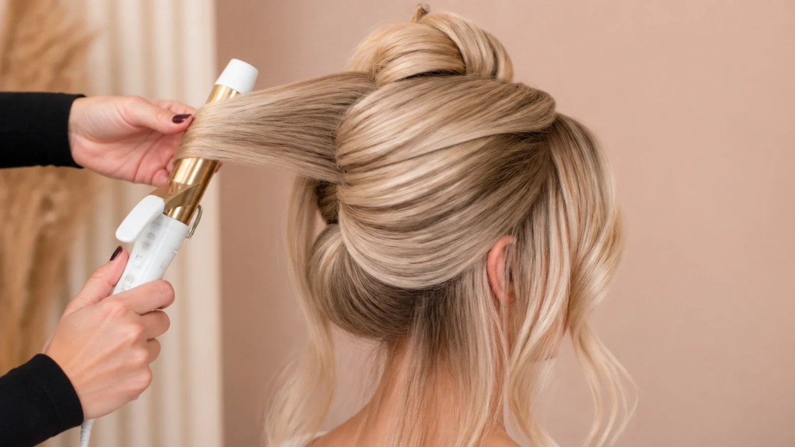A one inch curling iron setting a 2 inch section of blonde hair before pinning it into an updo