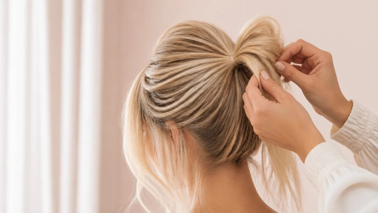 Blonde hair gathered into an elastic at the crown as the anchor point for a voluminous updo