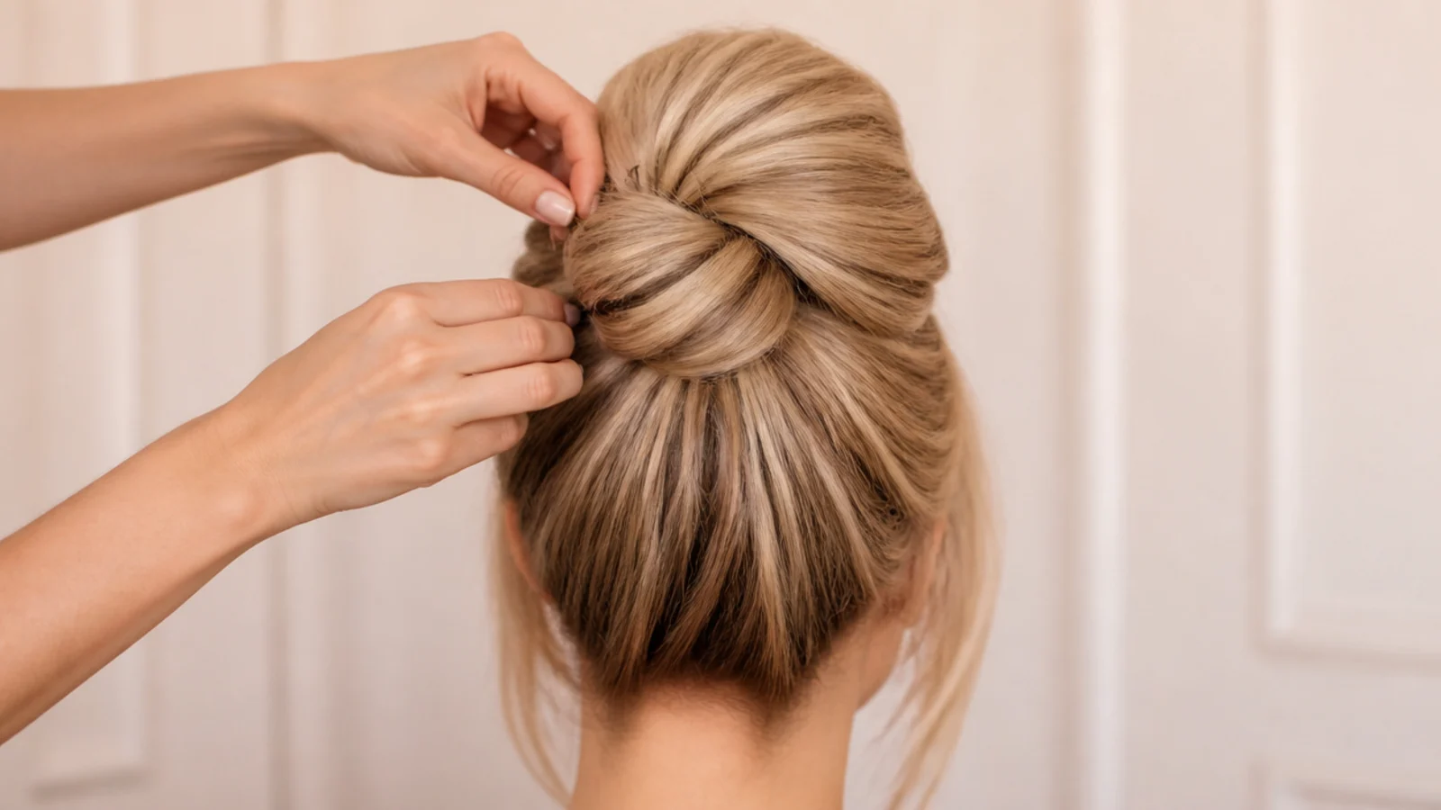 Bobby pins securing a folded blonde bun at the crown with the outline shaped into a soft dome
