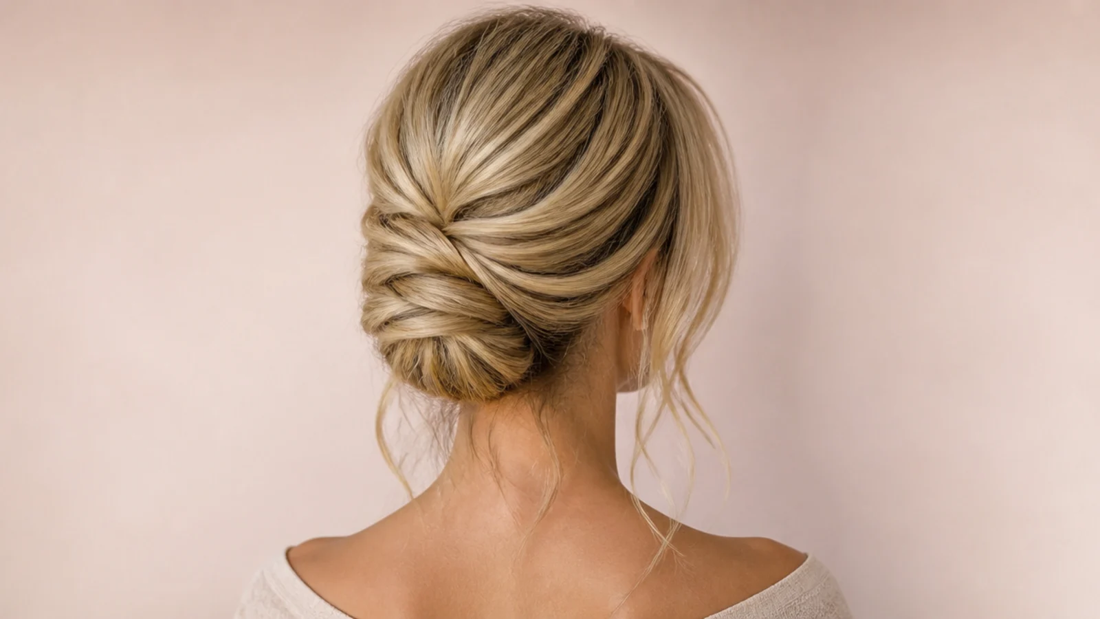 Finished blonde updo from behind with curtain fringe released at the front and two loose tendrils