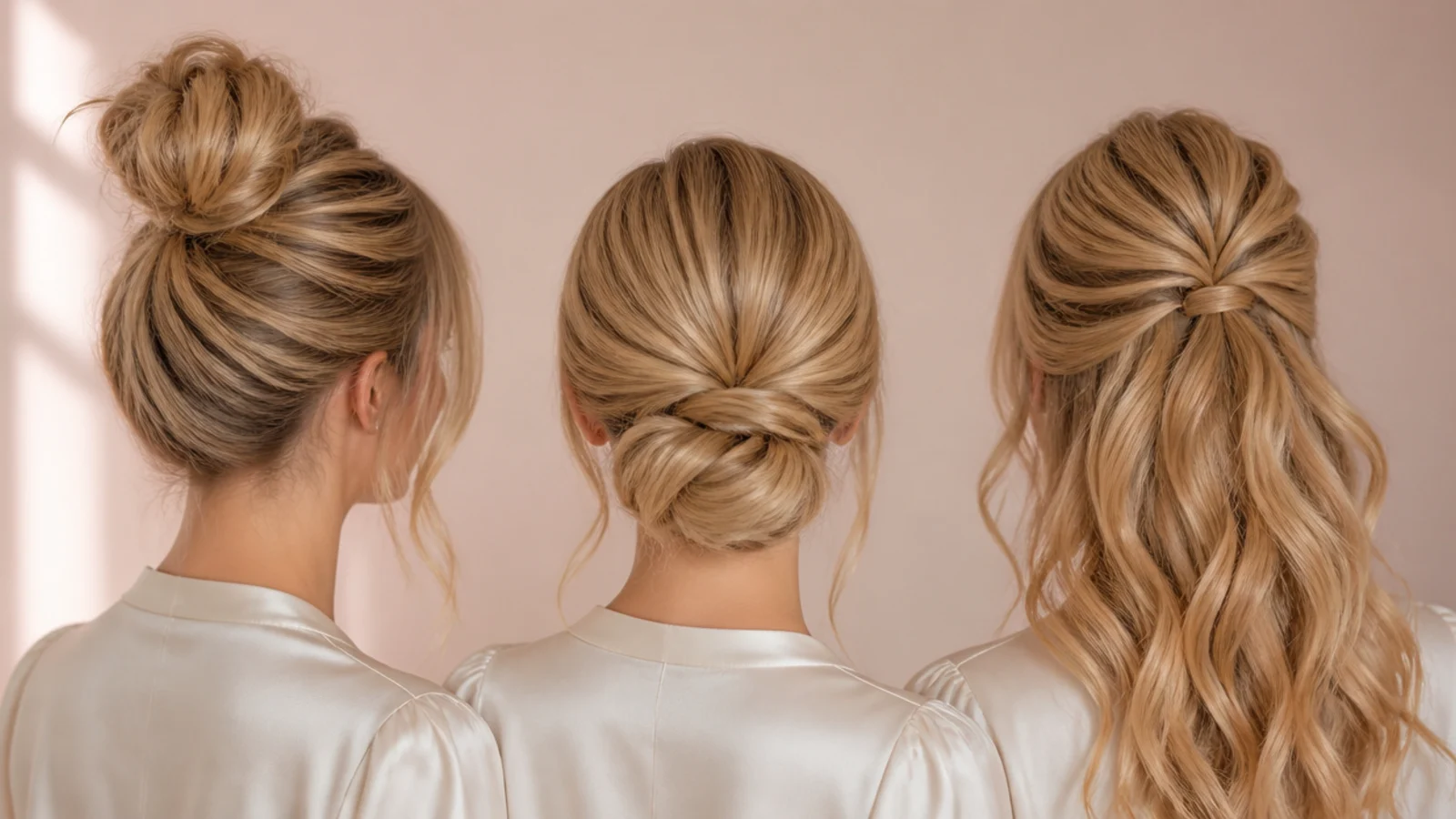 Three blonde updos compared from behind showing high bun, low chignon and half-up shapes side by side
