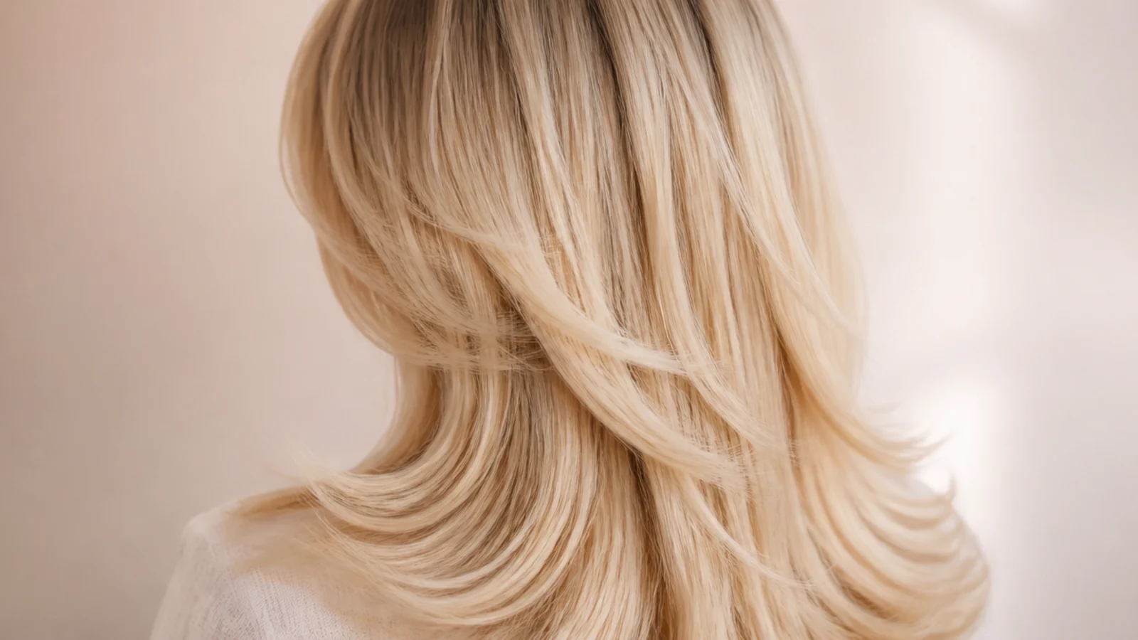 Sabrina Carpenter hair signature long layered blonde blowout seen from behind with bouncy bent ends