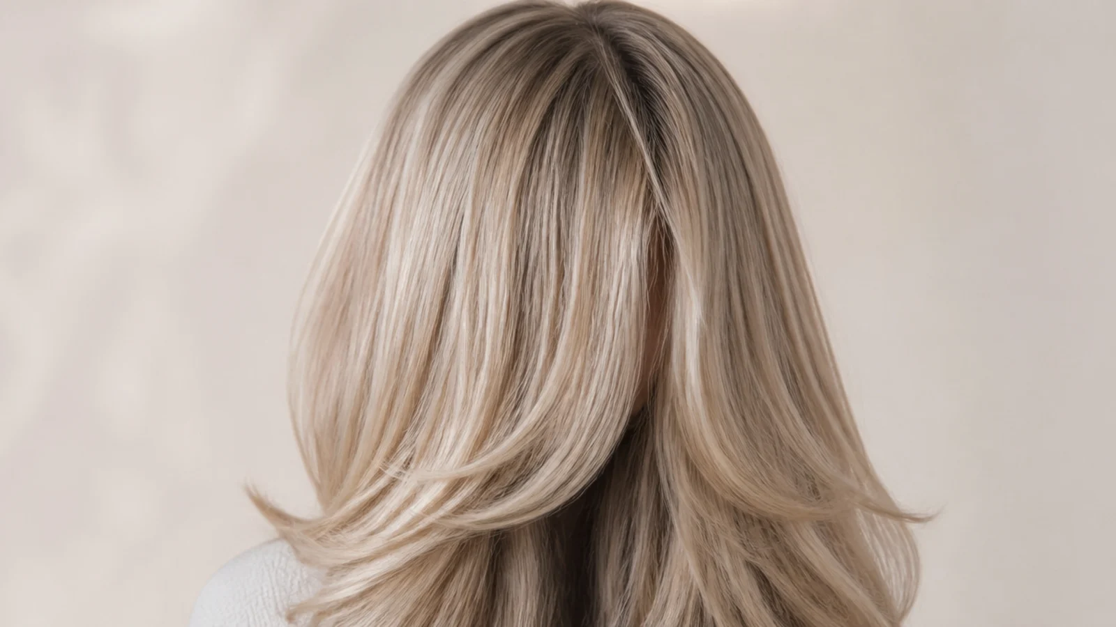 Cool beige blonde long hair with a sharp center part and curtain bangs, photographed from behind
