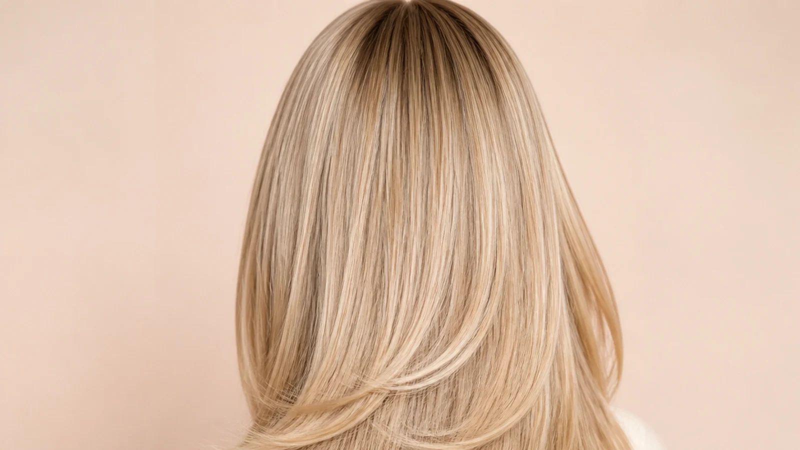 Sleek straight blonde hair with a center part and long face-framing layers, shot from behind