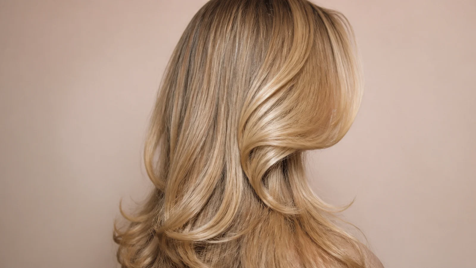 Bouncy nineties style blowout on long blonde hair with volume at the crown, viewed from behind