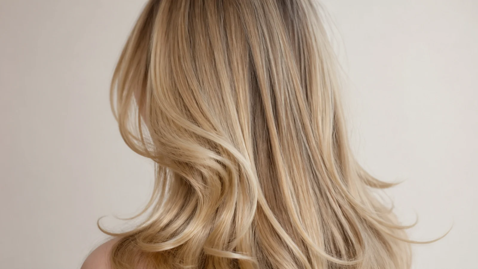 Soft loose waves on long blonde hair with bent ends and curtain bangs, photographed from the back