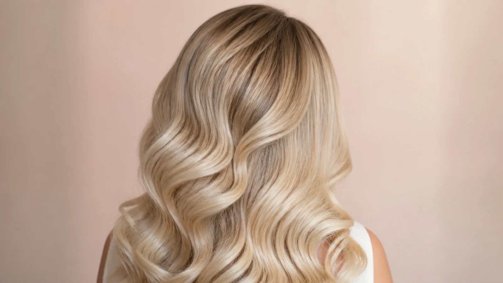 Old Hollywood style curls on long blonde hair with a deep side part, shown from behind