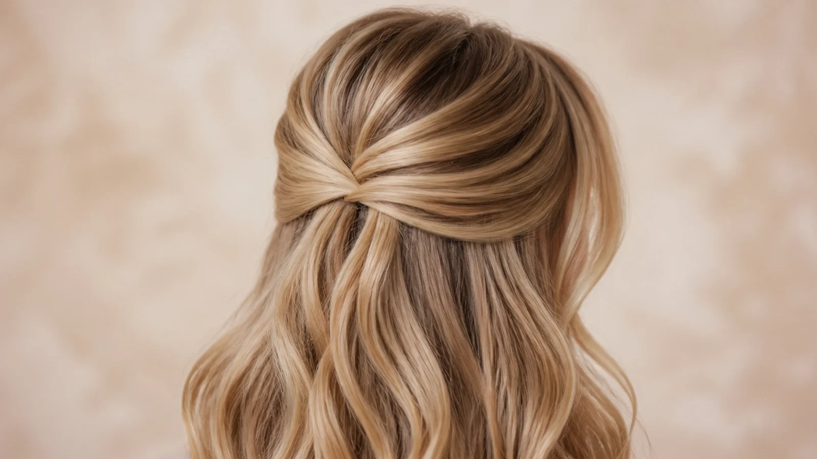 Half-up half-down blonde hairstyle with curtain bangs left out and waved lengths, viewed from the back