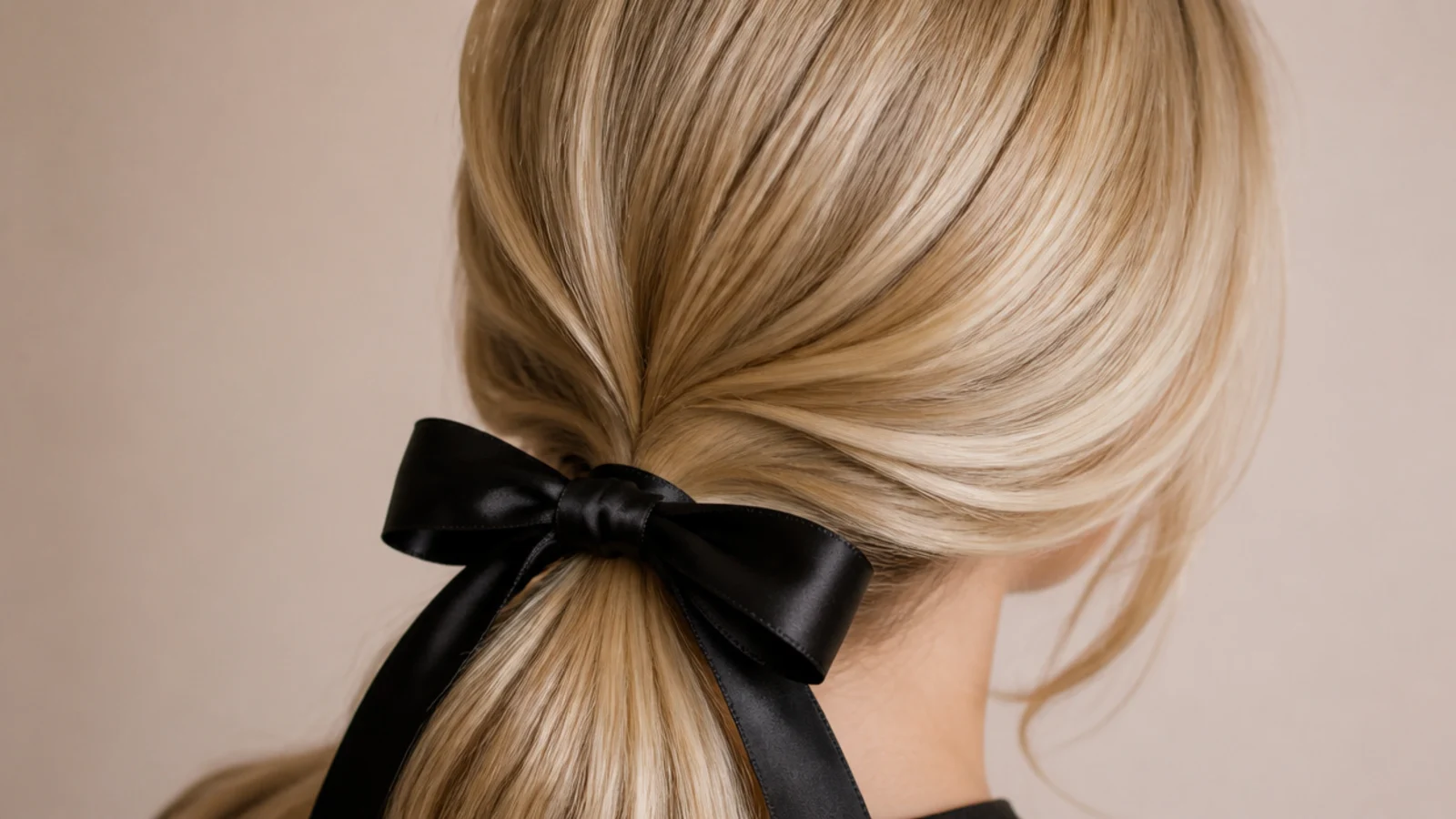 Low blonde ponytail finished with a black satin bow at the nape, shown from behind