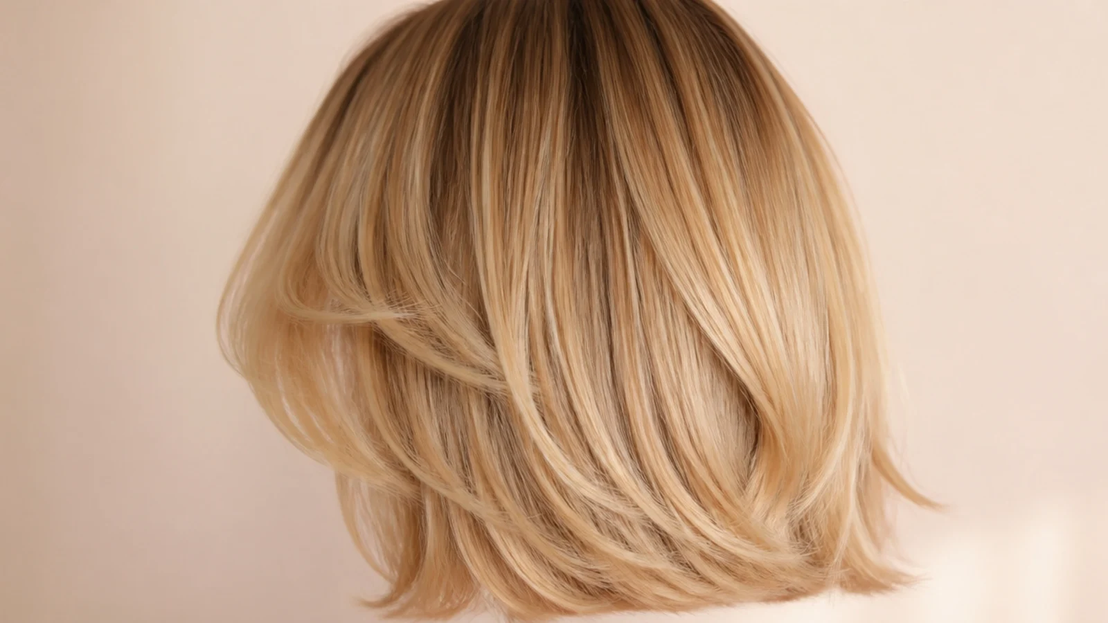 Shoulder-length blonde bob with shorter curtain bangs and soft internal layers, viewed from behind