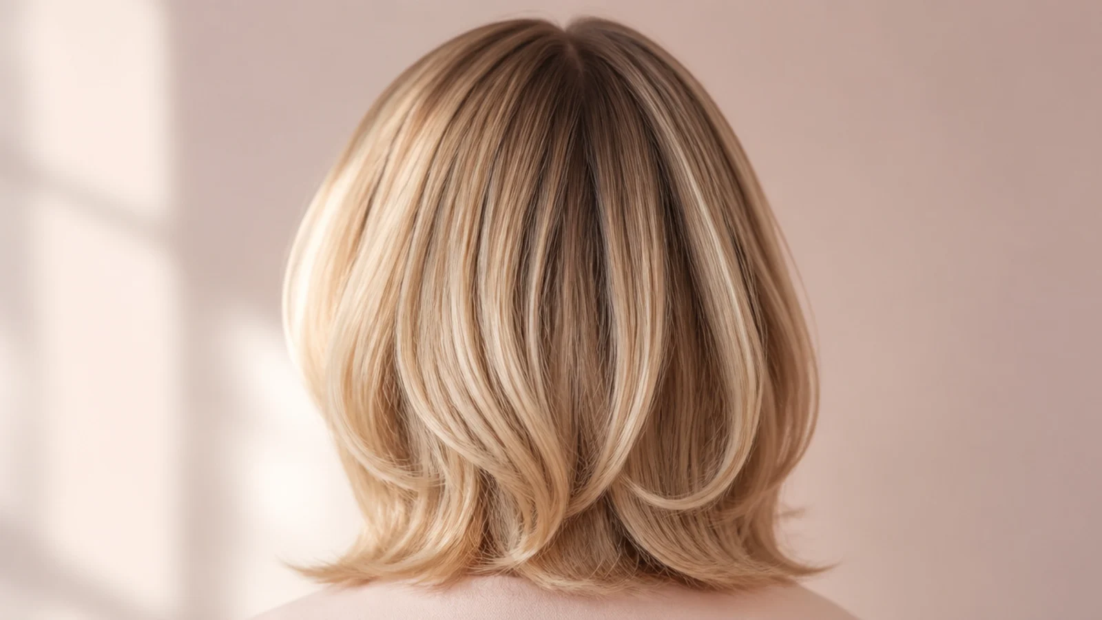 Collarbone length blonde lob with long internal layers and a center part, photographed from the back