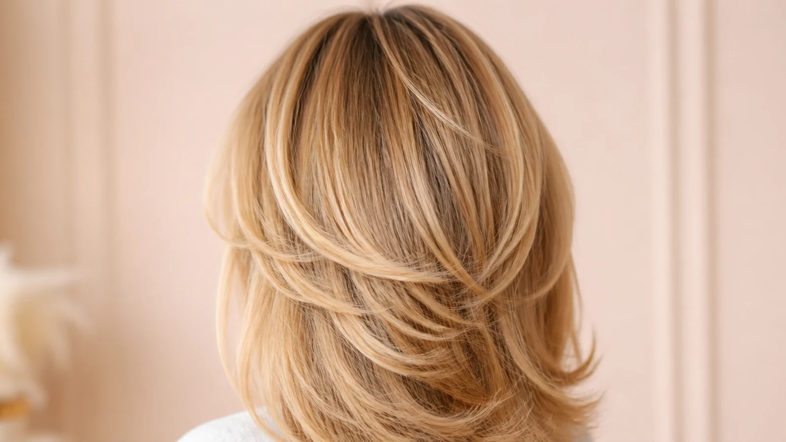 Fine blonde hair cut in butterfly layers with a short top layer creating crown volume, seen from behind
