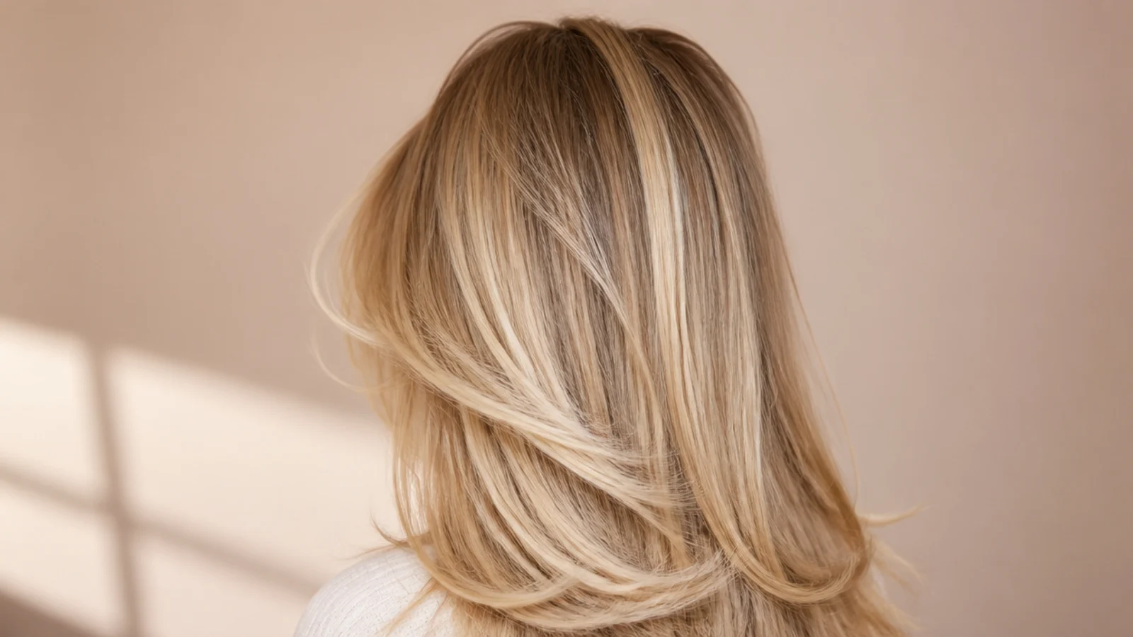 Blonde hair with brighter money-piece highlights framing the curtain bangs, viewed from the back