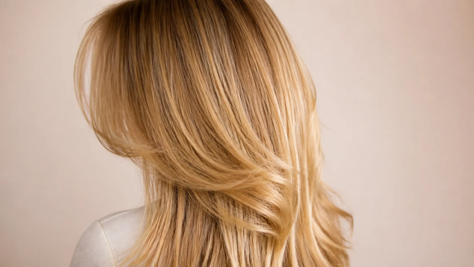 Warm honey blonde long layered hair with curtain bangs and golden mid-lengths, shot from behind