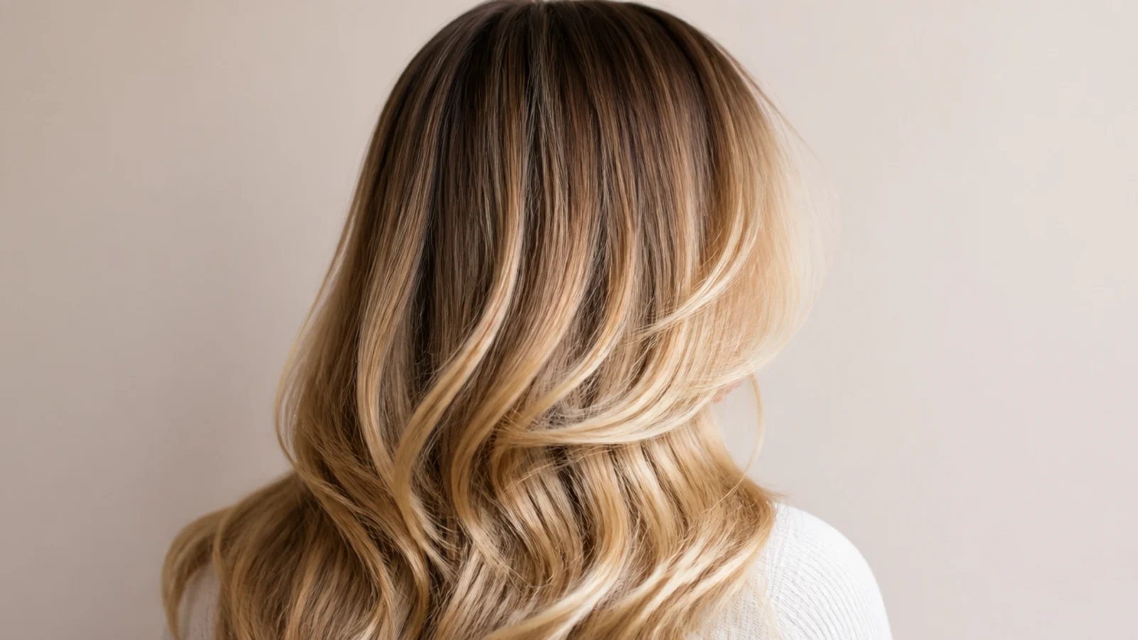 Bronde rooted long hair melting into blonde ends with curtain bangs, photographed from the back
