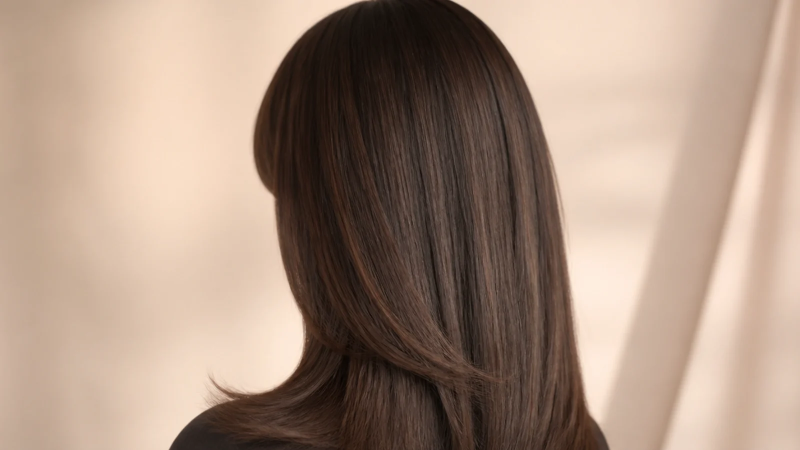 Dark chocolate brunette long hair with a blunt fringe and glossy straight lengths, viewed from behind