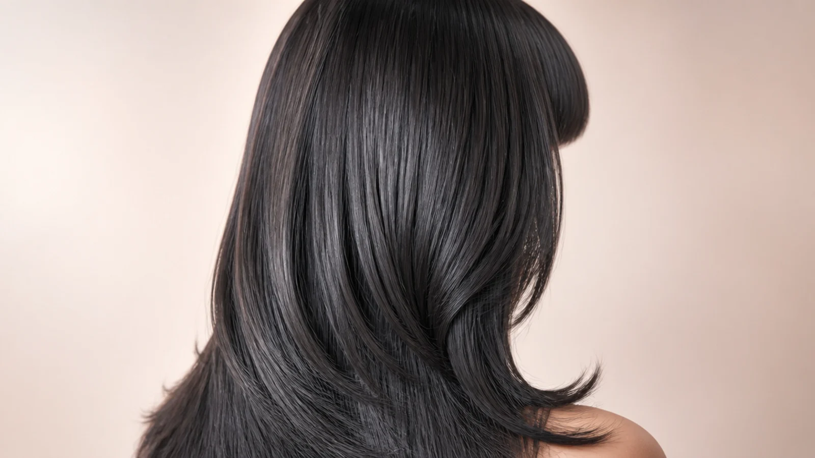 Jet black sleek long hair with a heavy blunt fringe and glossy finish, photographed from the back