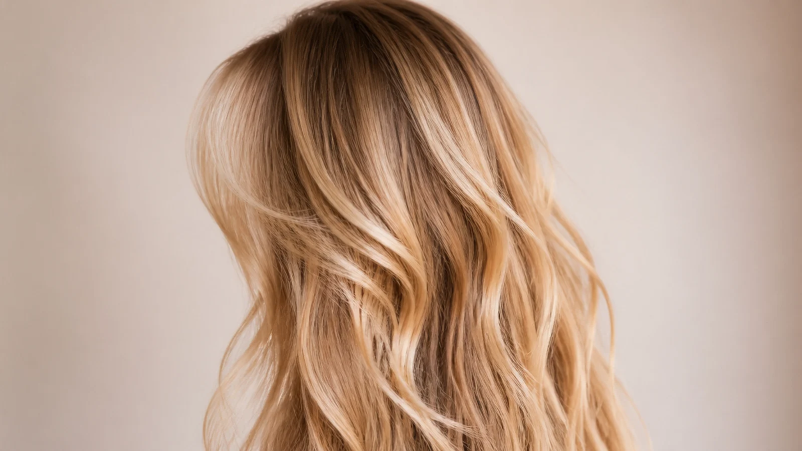 Air-dried natural wave in long blonde hair with soft undone texture and curtain bangs, seen from behind
