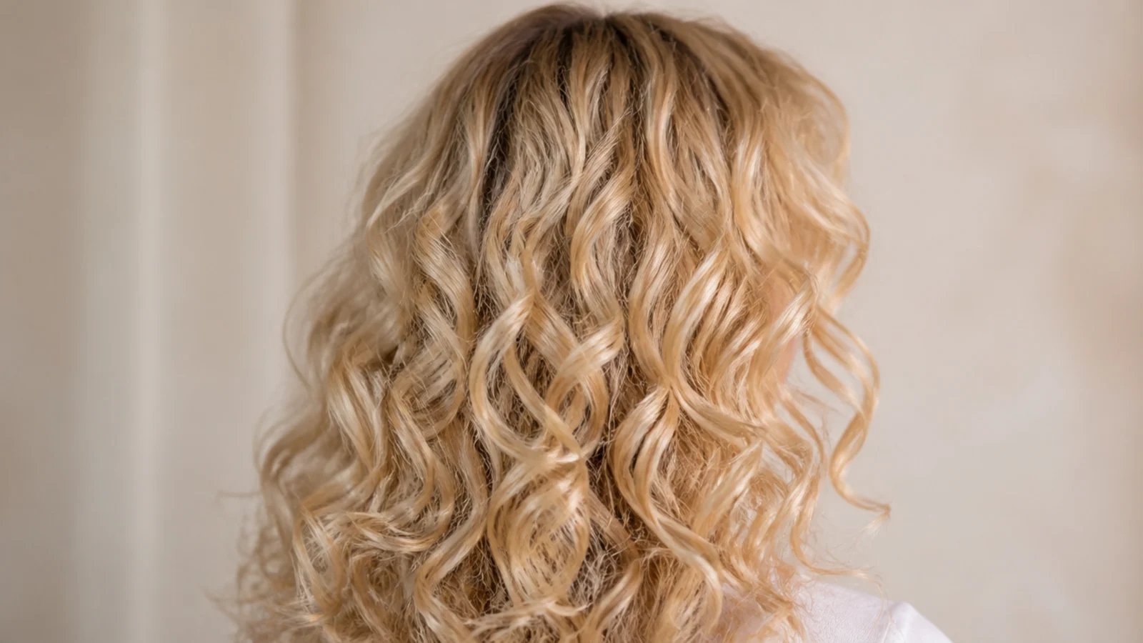 Curly blonde hair with dry-cut curtain bangs and defined face-framing spirals, photographed from behind