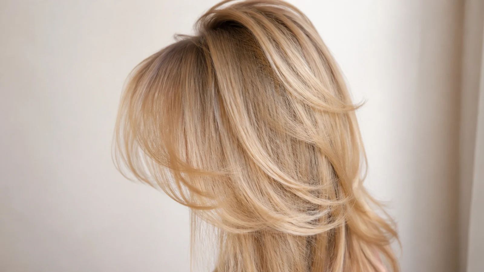 Long blonde hair with lifted crown volume and root-boosted layers above curtain bangs, seen from the back
