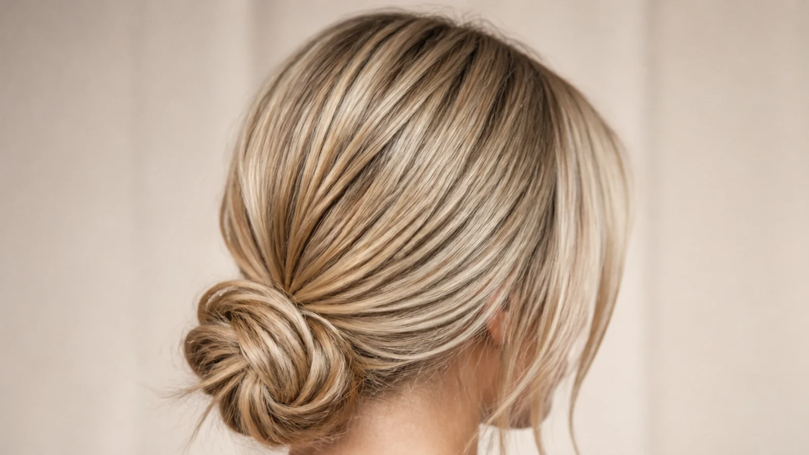 Sleek low blonde bun at the nape with curtain bangs left loose at the front, photographed from behind
