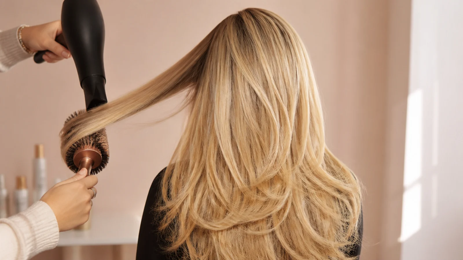 Large round brush blow-drying a section of long blonde hair for a bouncy blowout, viewed from behind